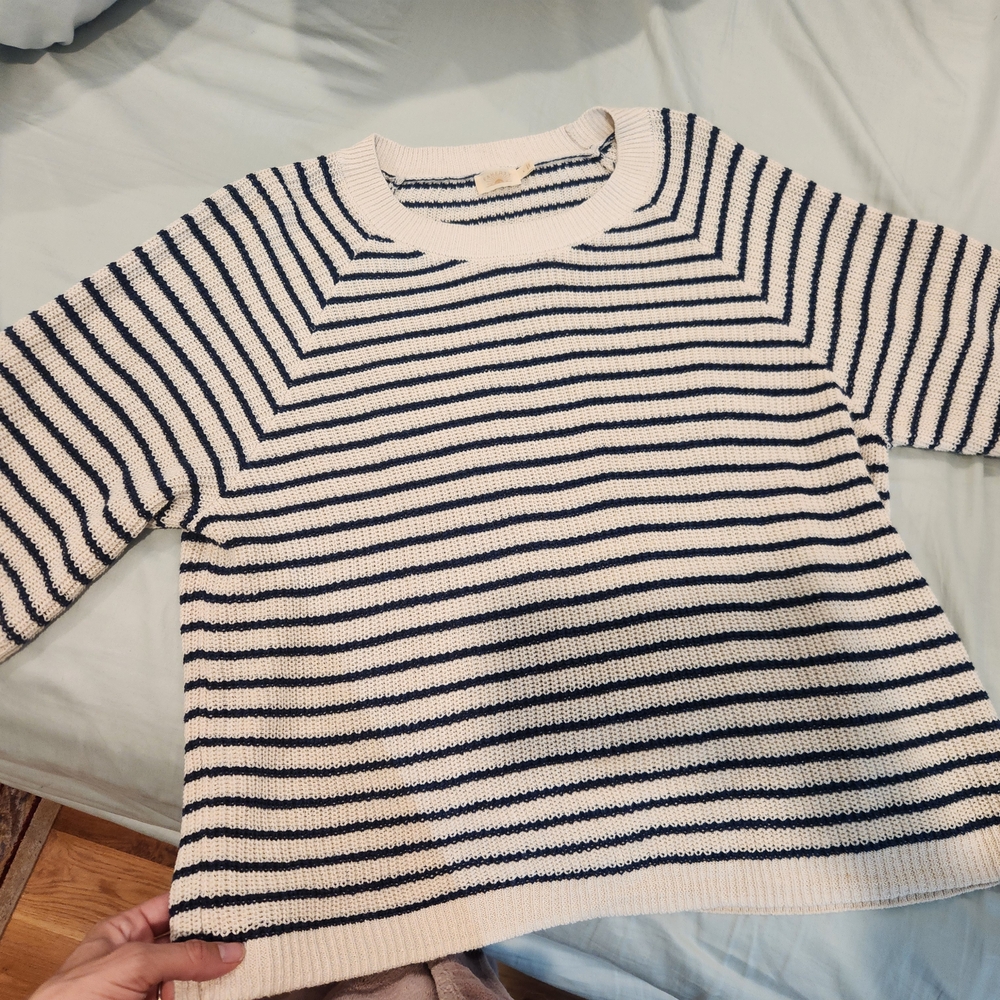 Faherty Cream and Navy Striped Crewneck Sweater